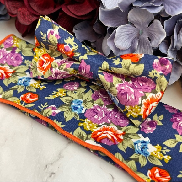Blue Floral Butterfly Bow Tie and Pocket Square - Picture 4 of 16